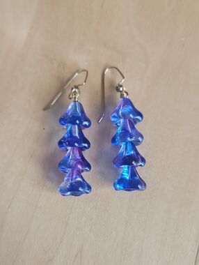 Hand Crafted Blue Iridescent Stacked Flower Drop Earrings